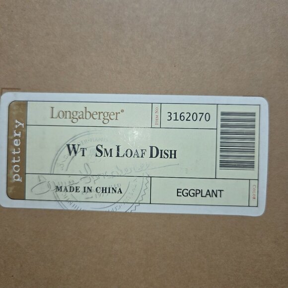 Longaberger Wt Sm Loaf Dish Eggplant Pottery 3162070 With Box Made In China - Picture 5 of 5